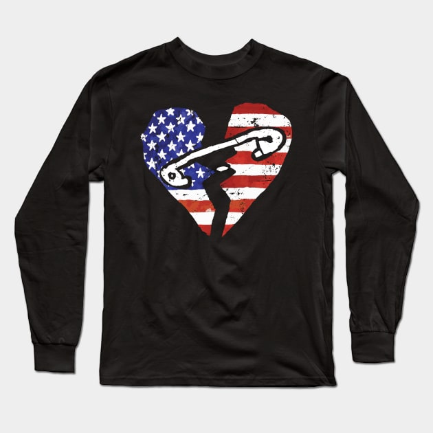 Divided America - Broken Heart Flag Safety Pin Vintage Style Long Sleeve T-Shirt by Kushteez